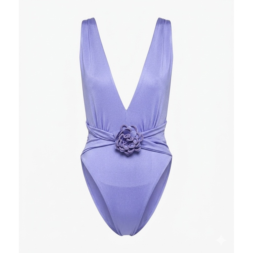 NEW Agua Bendita Ina Tile Purple One Piece Swimsuit Floral Rose Detail Large